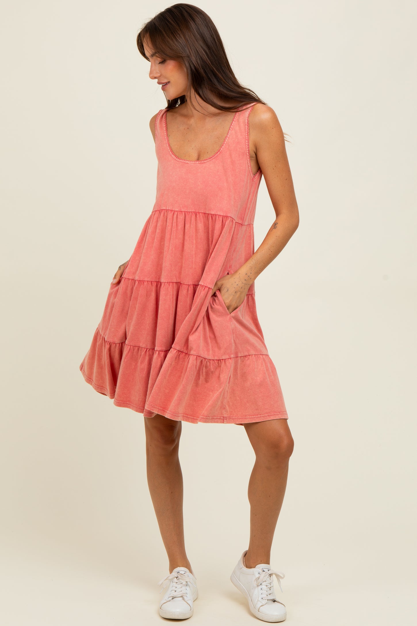 Red Lace Trim Washed Cotton Tank Dress