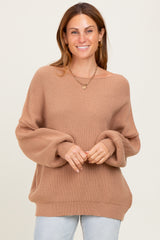 Light Taupe Balloon Sleeve Boat Neck Knit Sweater