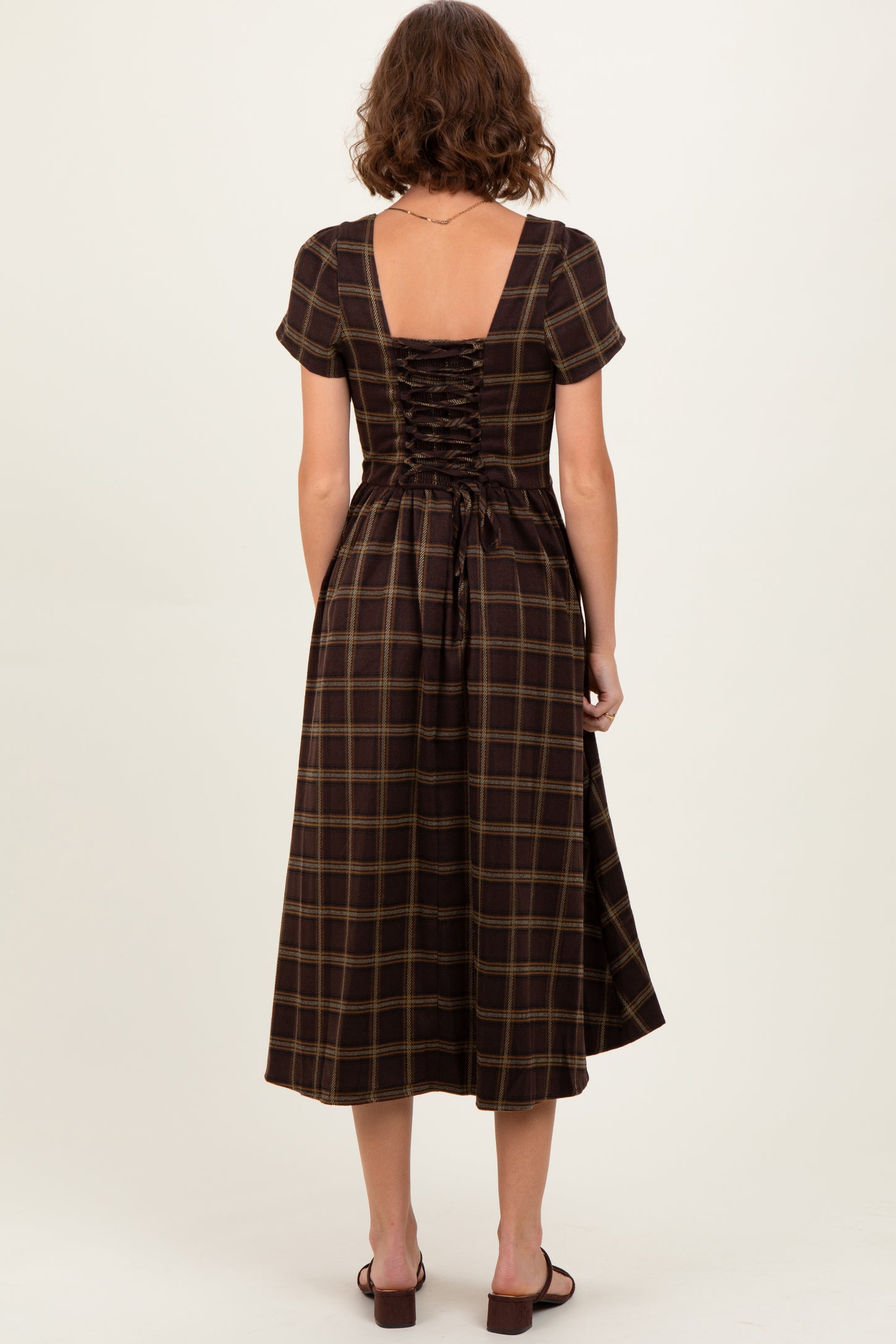 Brown Plaid Button Down Midi Dress