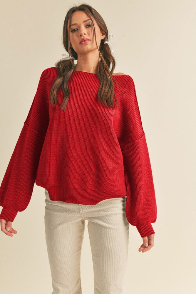 Red Balloon Sleeve Boat Neck Knit Maternity Sweater