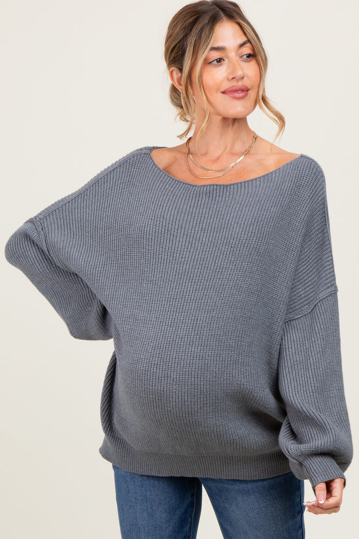 Charcoal Balloon Sleeve Boat Neck Knit Maternity Sweater