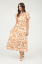 Orange Floral Scallop Trim Puff Sleeve Midi Dress