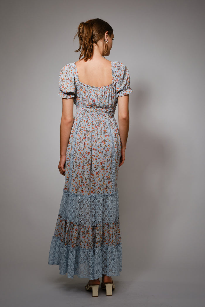 Light Blue Floral Lace Inset Puff Sleeve Maxi Dress