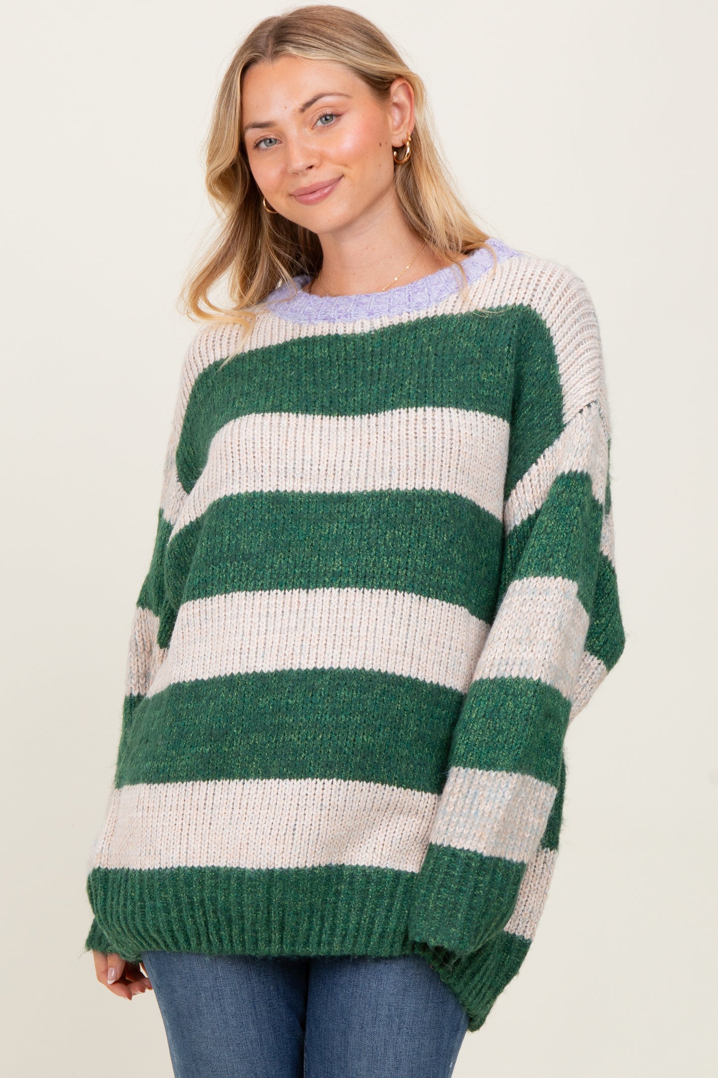 Green Wide Stripe Chunky Knit Sweater