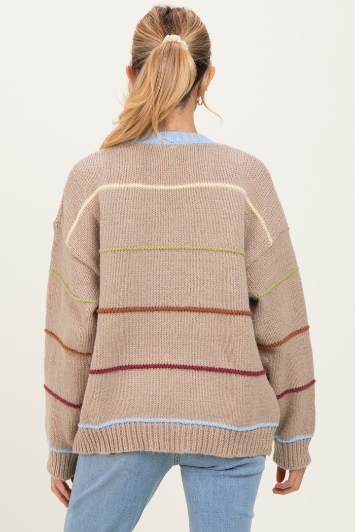 Beige Multicolor Stripe Chunky Knit Maternity Cardigan