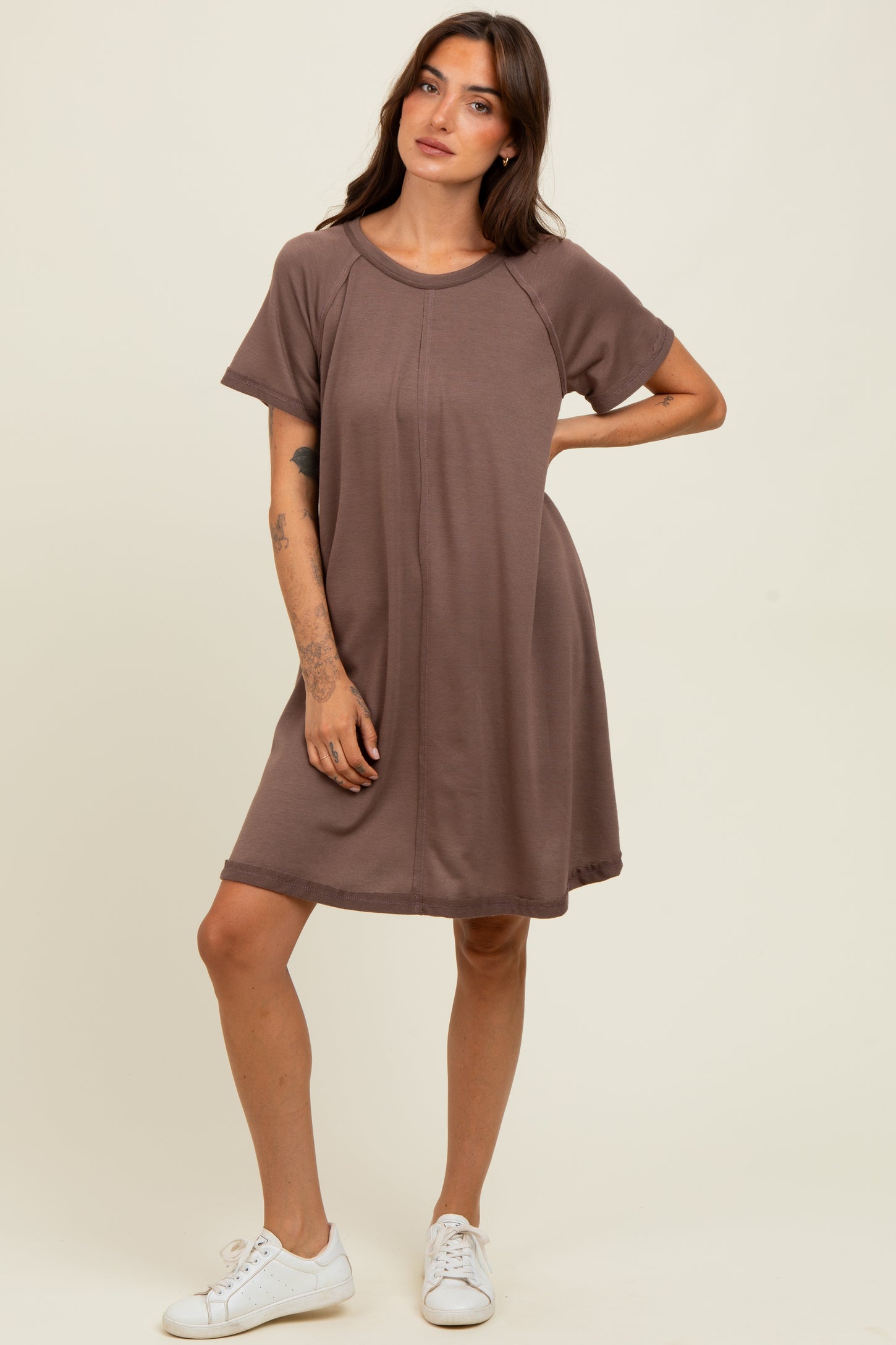 Brown Solid T-shirt Maternity Mini Dress