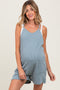 Light Blue Solid Ribbed V-Neck Sleeveless Front Pocket Maternity Romper