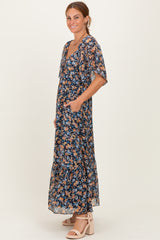 Navy Floral Sweetheart Neck Flutter Sleeve Maxi Dress