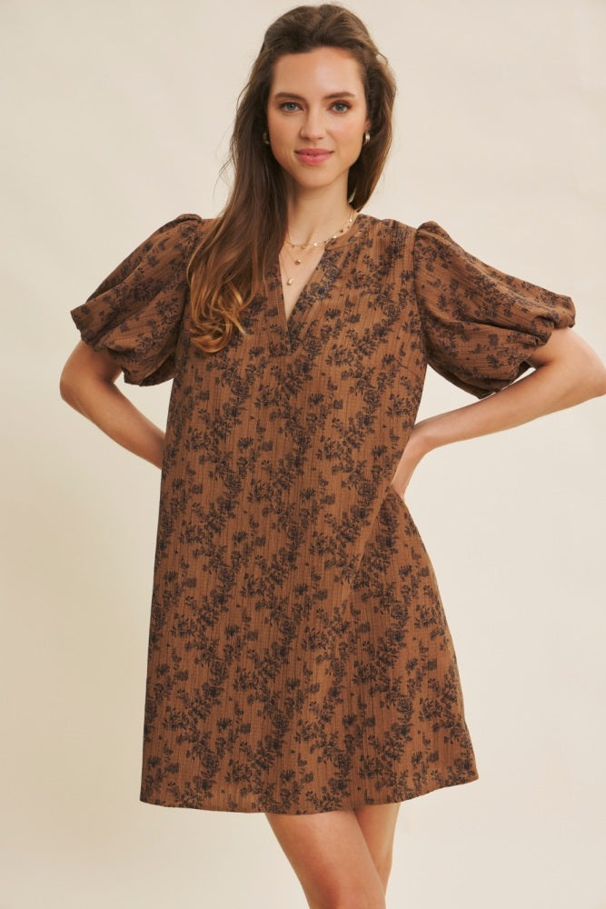 Brown Textured Floral Bubble Sleeve A-Line Mini Dress