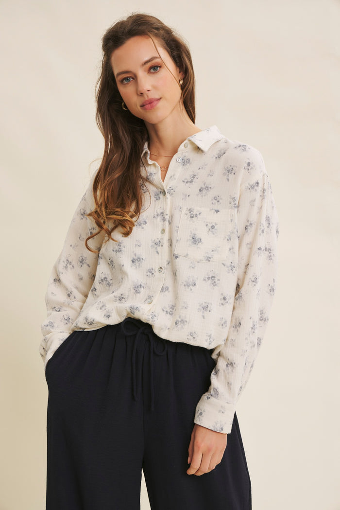 Blue Floral Cotton Gauze Oversized Button-Down Maternity Shirt