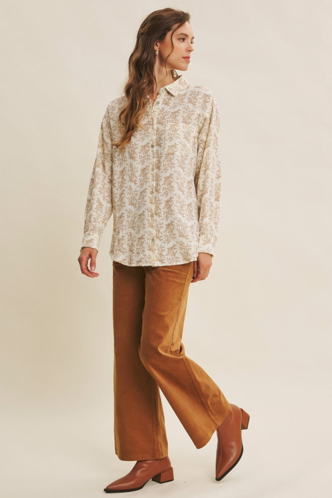 Mocha Floral Cotton Gauze Oversized Button-Down Shirt