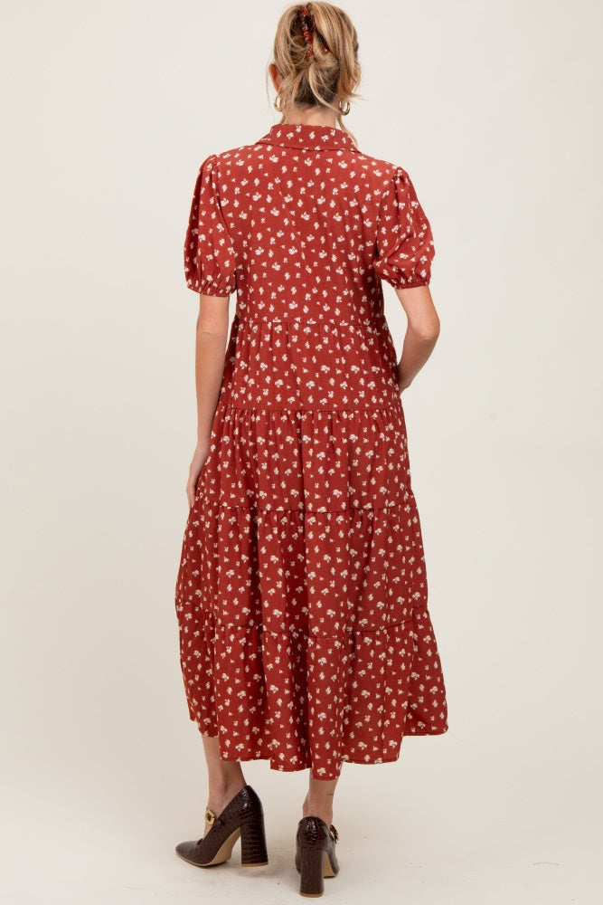 Rust Printed Button Up Tiered Maternity Midi Dress