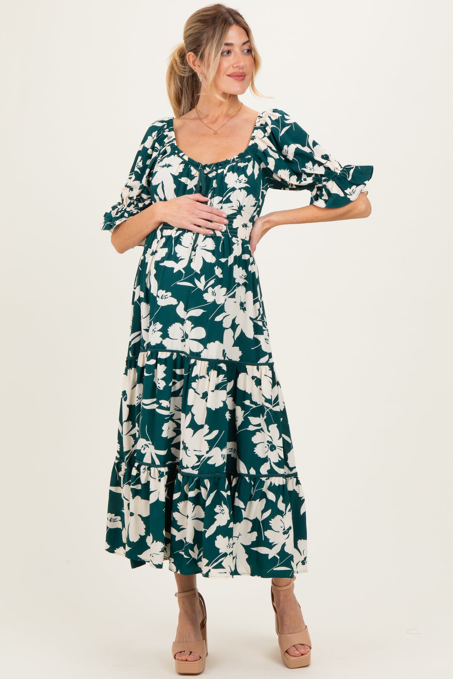 Hunter Green Floral Short Sleeve Square Neck Tiered Maternity Maxi Dress