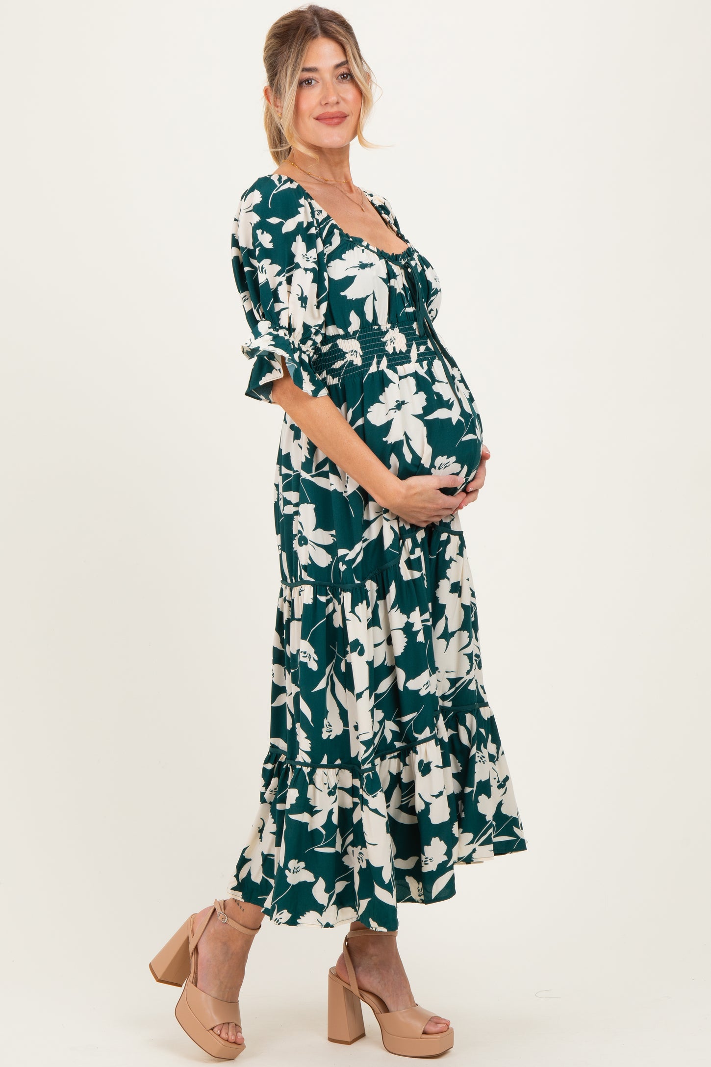 Hunter Green Floral Short Sleeve Square Neck Tiered Maternity Maxi Dress