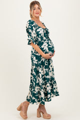 Hunter Green Floral Short Sleeve Square Neck Tiered Maternity Maxi Dress