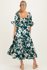 Hunter Green Floral Short Sleeve Square Neck Tiered Maternity Maxi Dress
