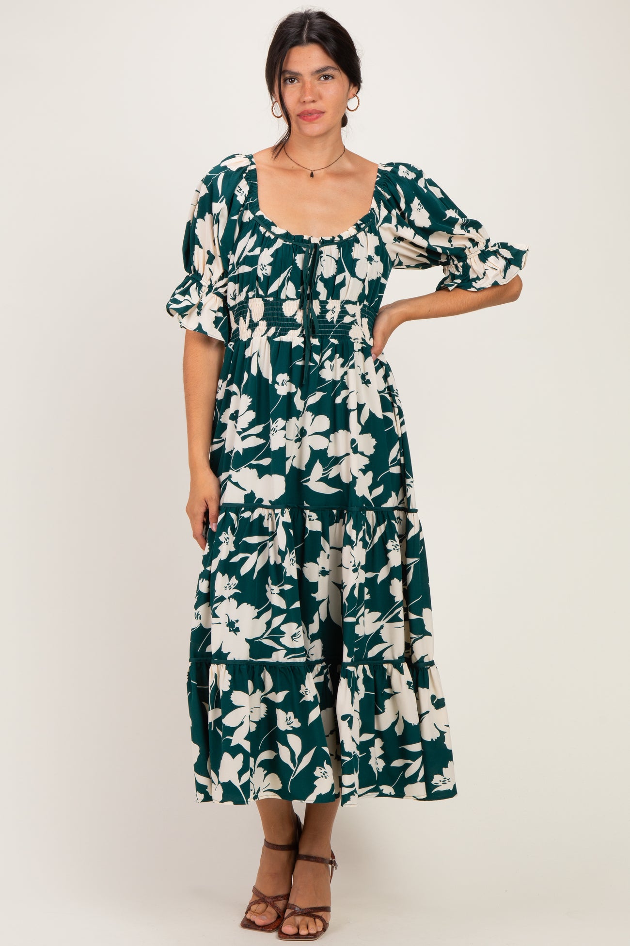 Hunter Green Floral Short Sleeve Square Neck Tiered Maternity Maxi Dress
