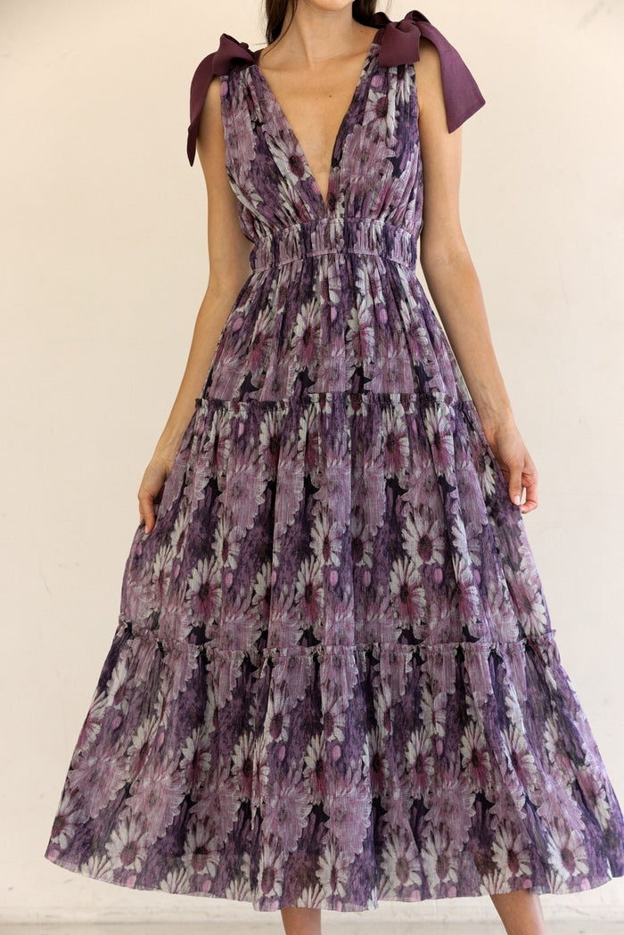 Purple Floral Mesh Deep V-Neck Shoulder Tie Maxi Dress