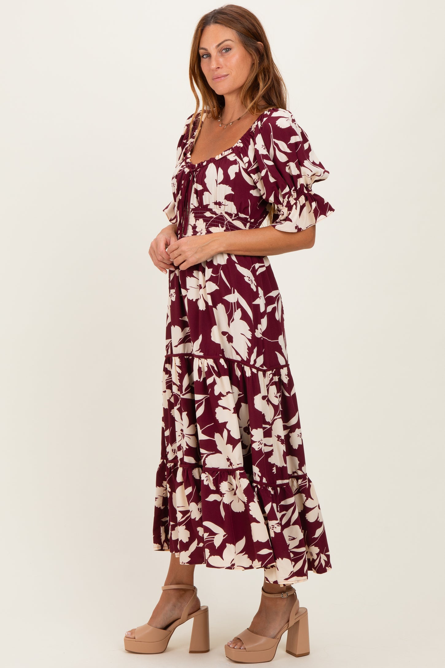 Burgundy Floral Short Sleeve Square Neck Tiered Maxi Dress