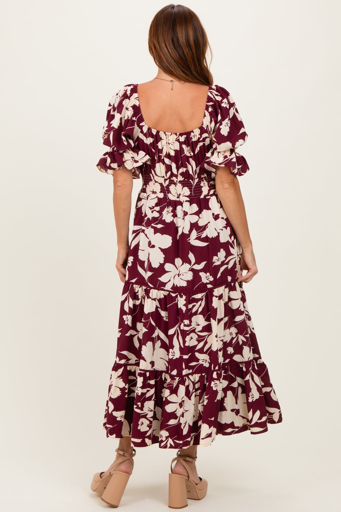 Burgundy Floral Short Sleeve Square Neck Tiered Maxi Dress