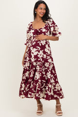 Burgundy Floral Short Sleeve Square Neck Tiered Maternity Maxi Dress