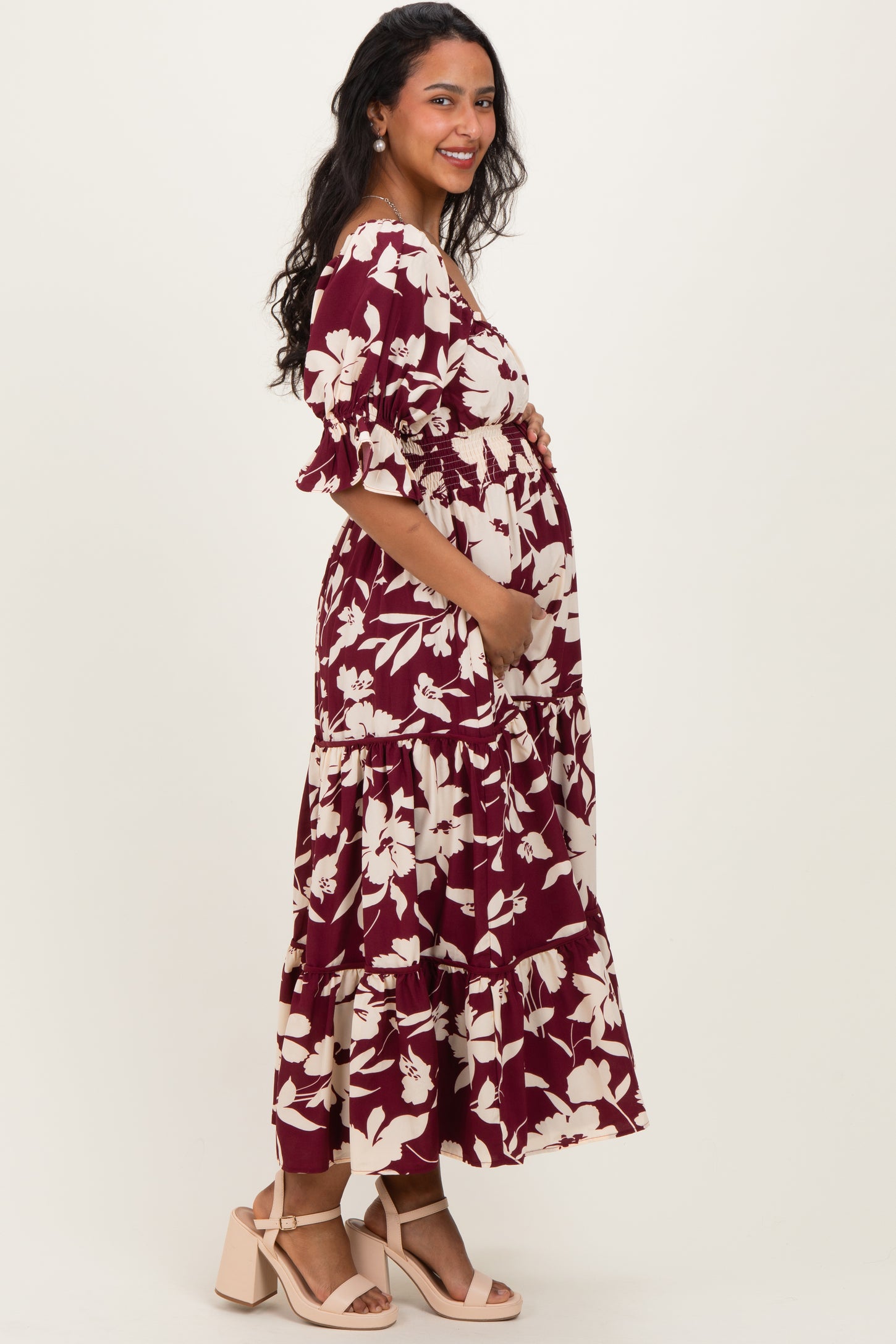 Burgundy Floral Short Sleeve Square Neck Tiered Maternity Maxi Dress