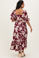 Burgundy Floral Short Sleeve Square Neck Tiered Maternity Maxi Dress