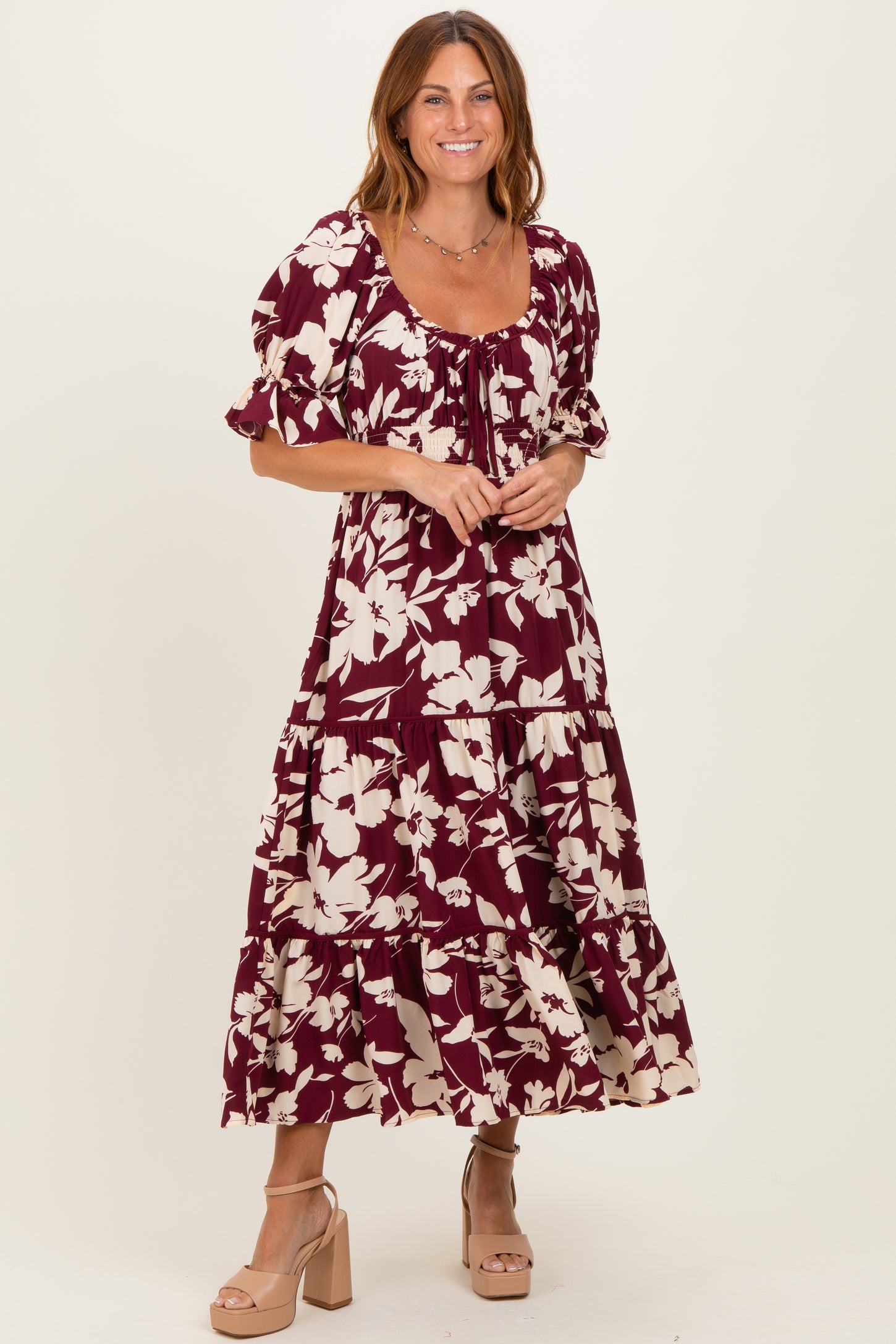 Burgundy Floral Short Sleeve Square Neck Tiered Maxi Dress