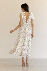 Ivory Floral Deep V-Neck Shoulder Tie Midi Dress