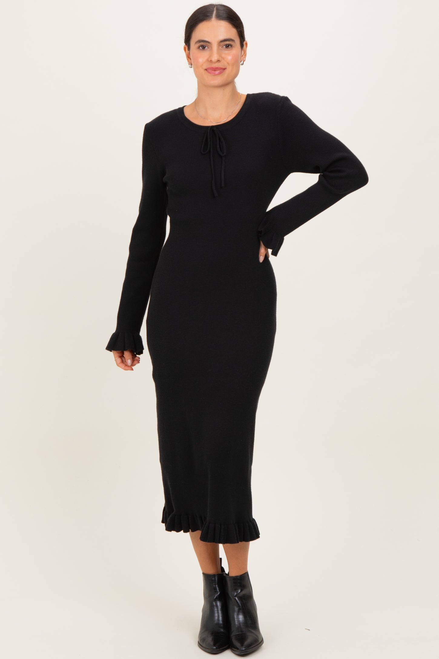 Black Ribbed Knit Ruffle Trim Maternity Midi Sweater Dress