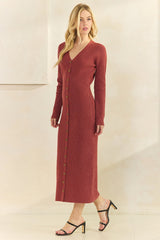 Rust Ribbed Knit Button Down Long Sleeve Midi Dress