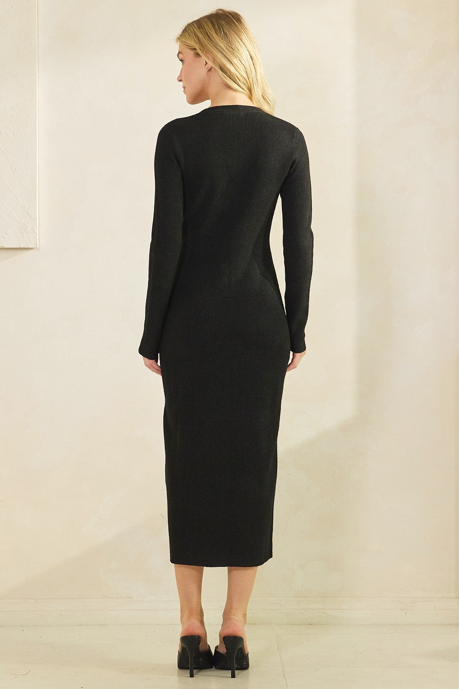Black Ribbed Knit Button Down Long Sleeve Midi Dress
