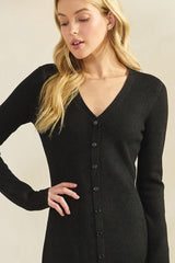 Black Ribbed Knit Button Down Long Sleeve Midi Dress