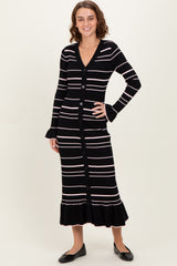 Black Striped Knit Ruffle Hem Button Down Maternity Midi Dress