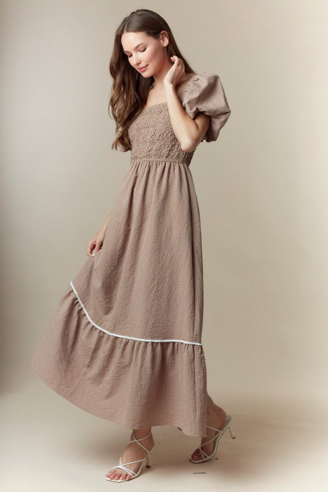 Mocha Plaid Smocked Puff Sleeve Maxi Dress