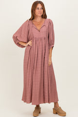 Mauve Plaid Front Tie Cutout Maternity Midi Dress