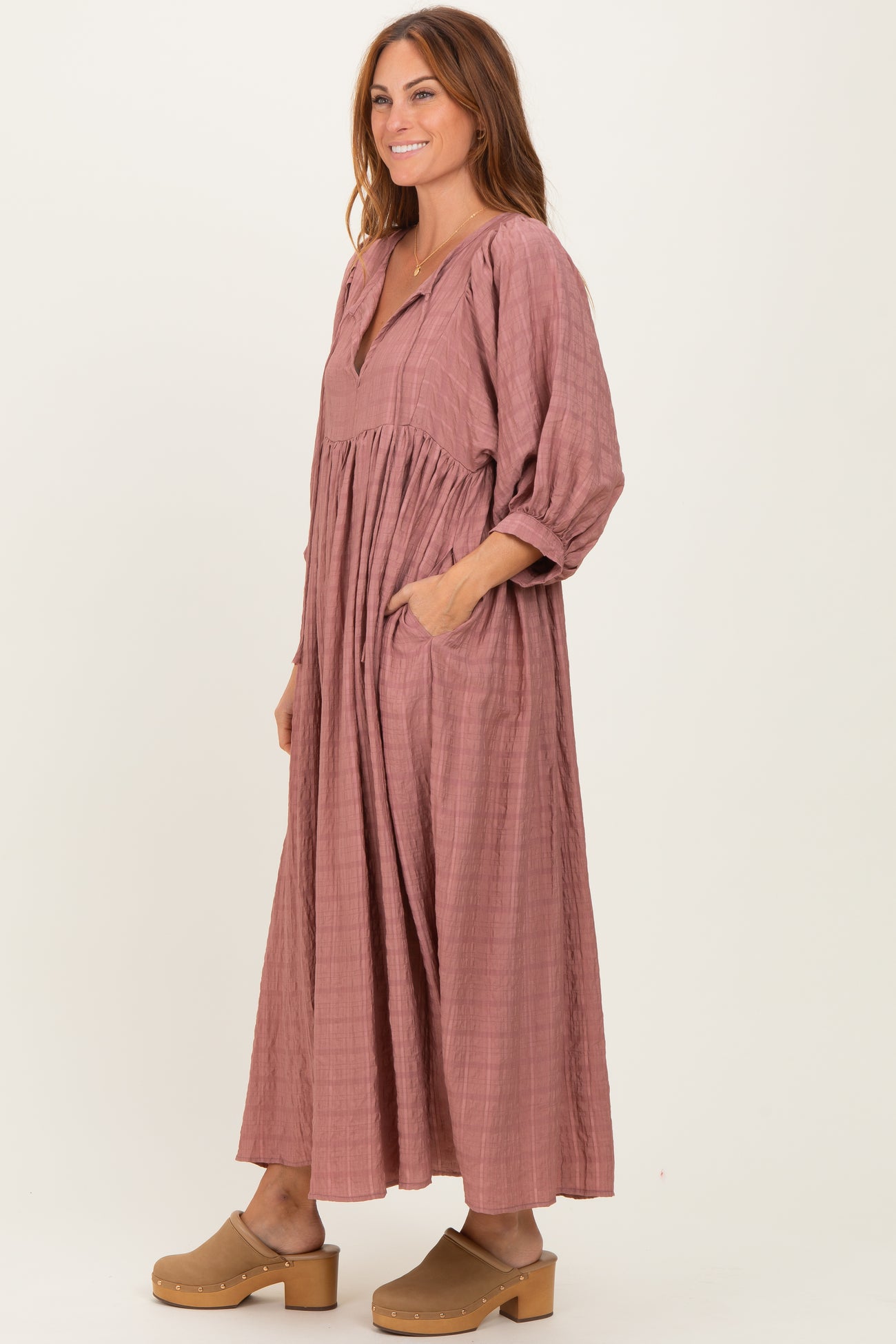 Mauve Plaid Front Tie Cutout Midi Dress