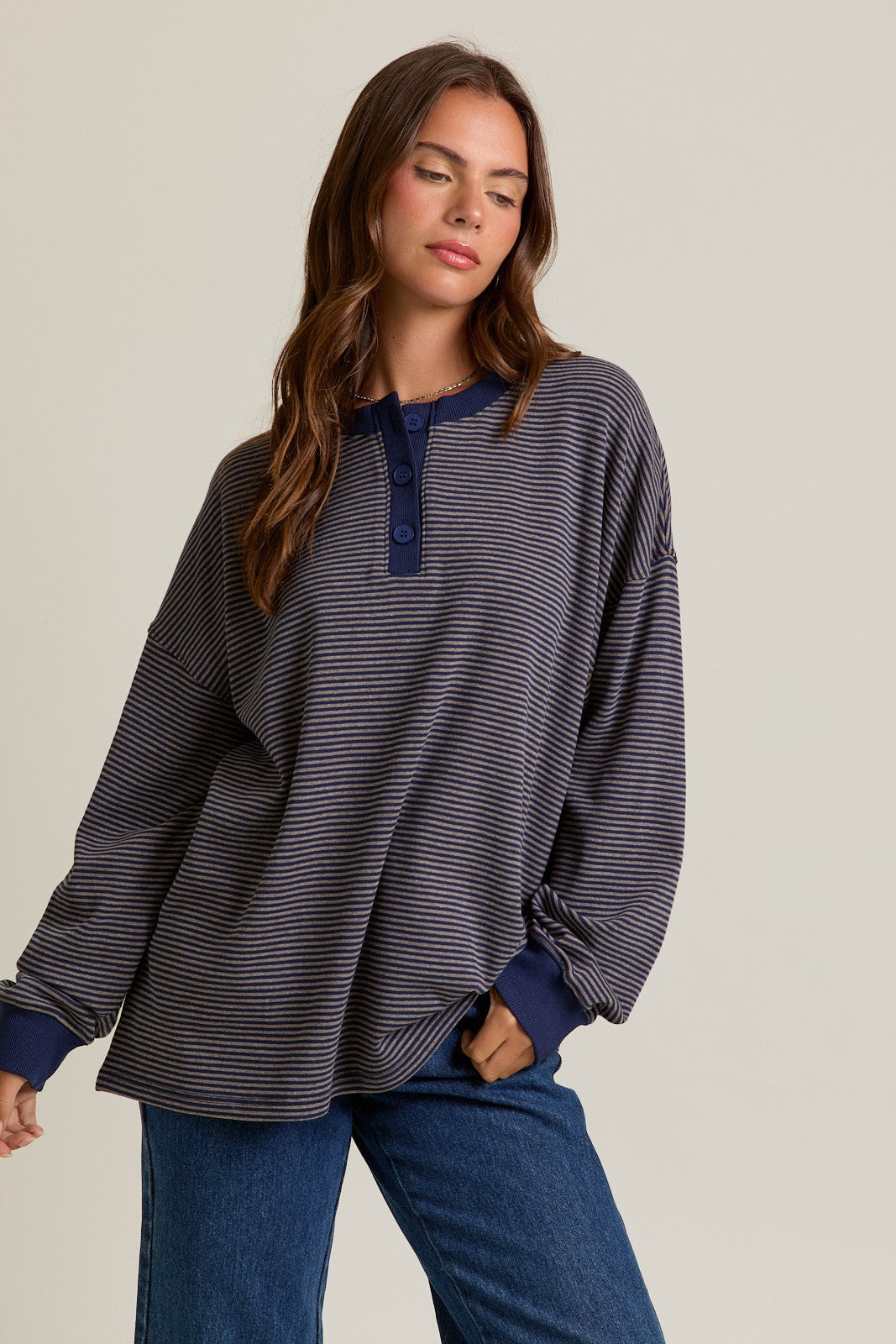 Navy Striped Oversized Button Up Maternity Pullover Top
