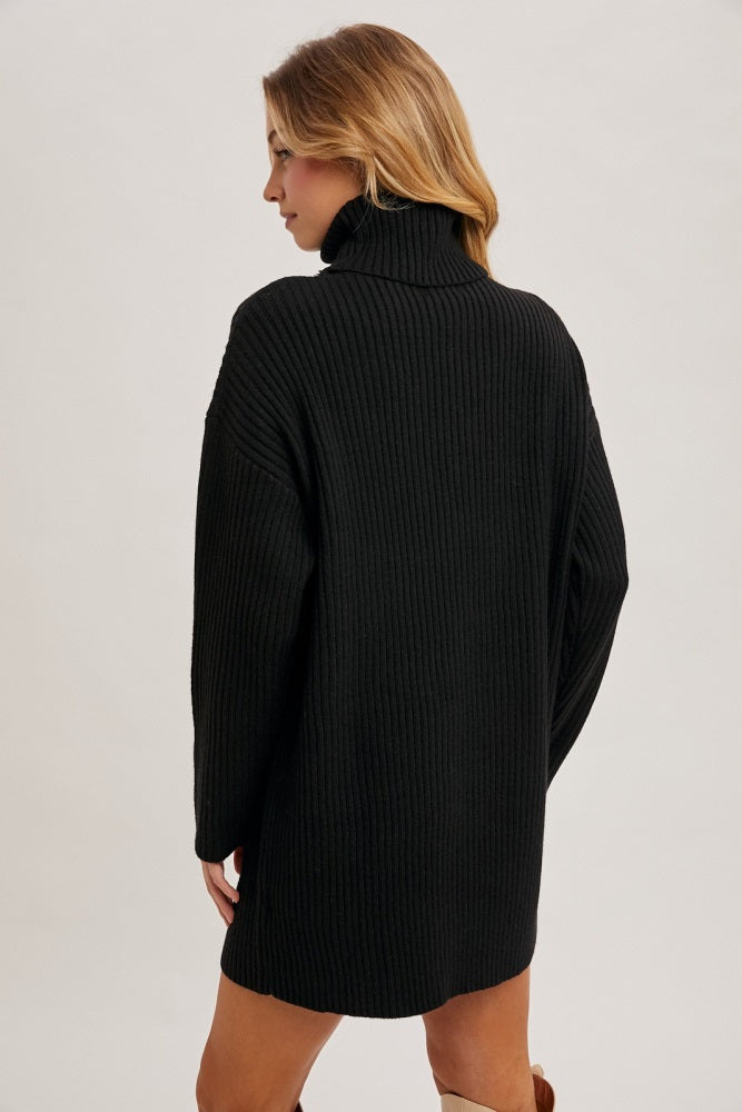 Black Turtleneck Chunky Knit Sweater Dress