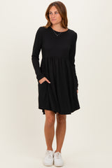 Black Textured Rib Long Sleeve Maternity Dress