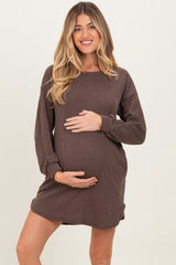 Brown Rib Knit Long Sleeve Maternity Dress