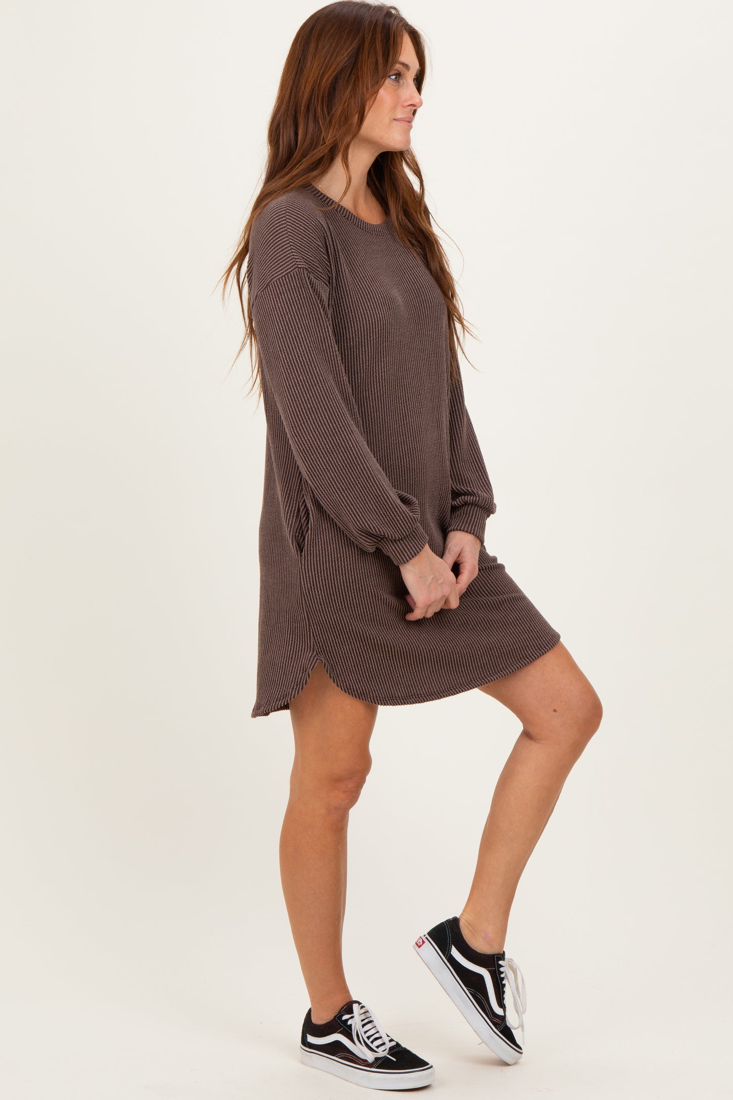 Brown Rib Knit Long Sleeve Dress