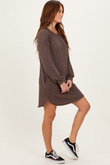 Brown Rib Knit Long Sleeve Dress