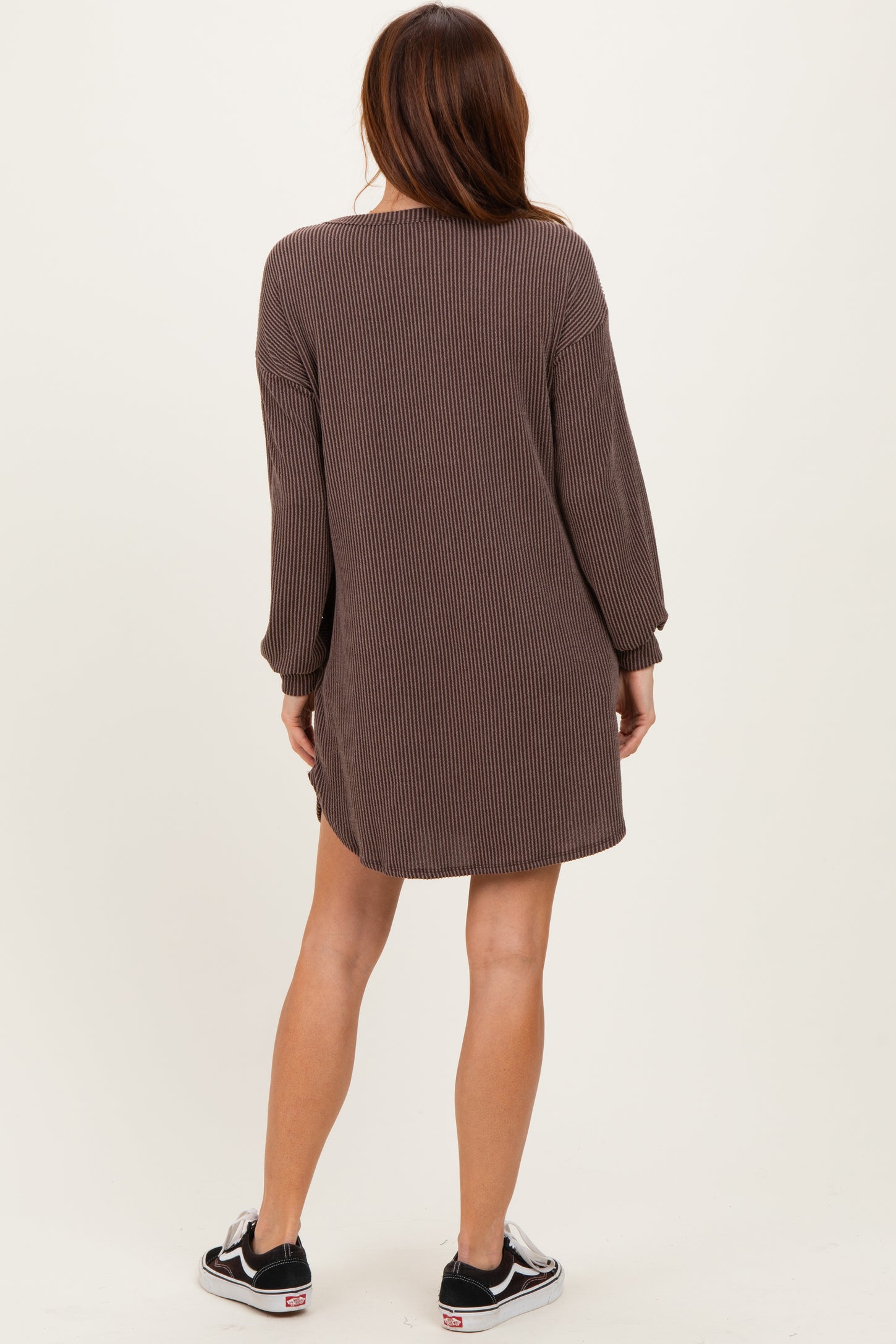 Brown Rib Knit Long Sleeve Dress