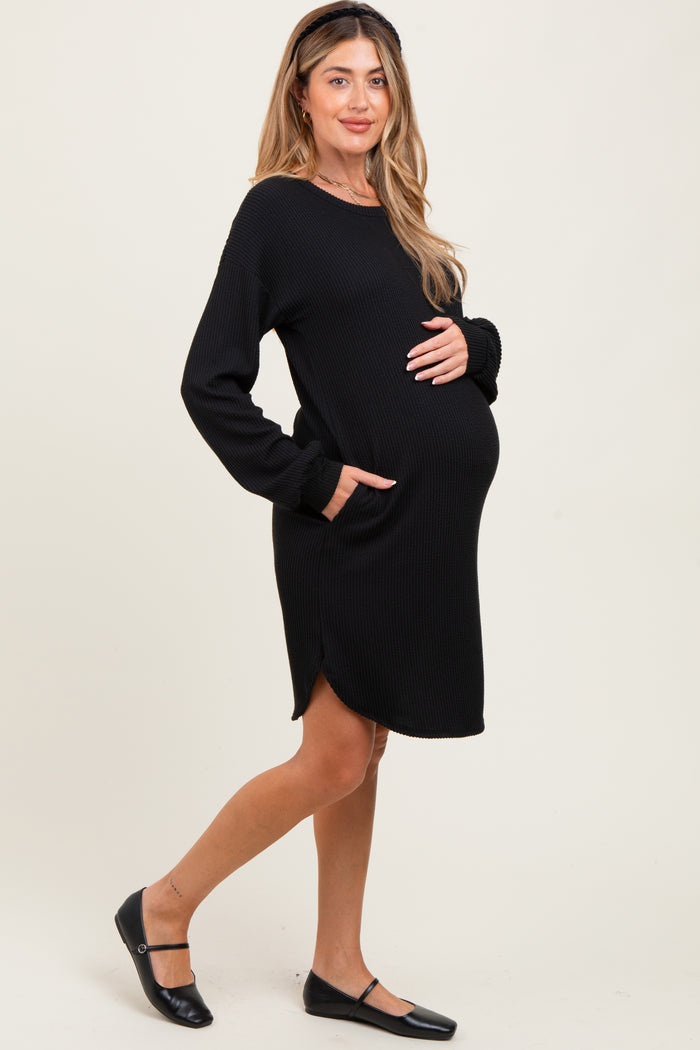 Black Rib Knit Long Sleeve Maternity Dress