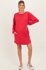 Red Rib Knit Long Sleeve Maternity Dress