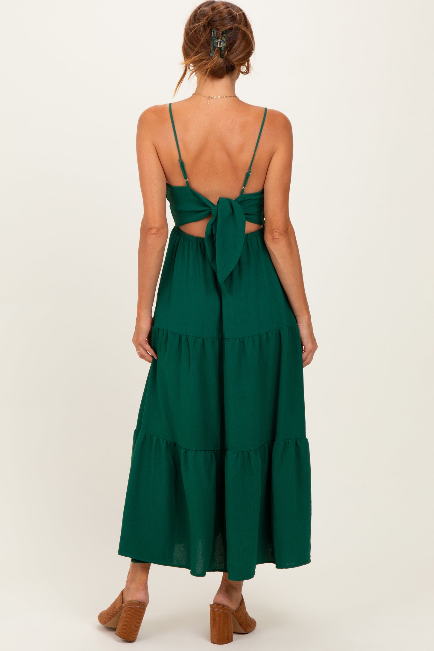 Forest Green Tiered Cutout Tie Back Midi Dress