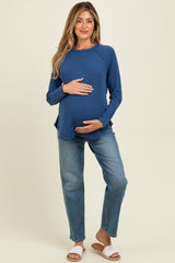 Light Navy Baby Waffle Knit Long Sleeve Maternity Top