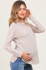 Beige Baby Waffle Knit Long Sleeve Maternity Top
