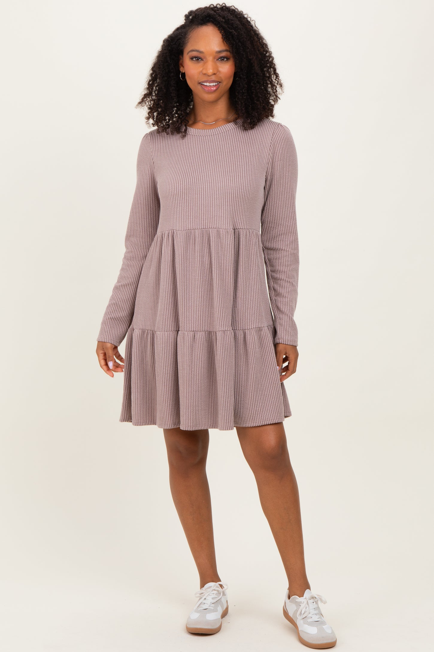 Mauve Textured Rib Tiered Long Sleeve Maternity Dress
